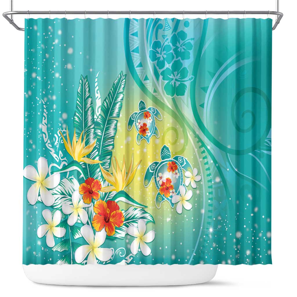 Hawaii Honu Shower Curtain Tropical Flowers Turquoise Gradient