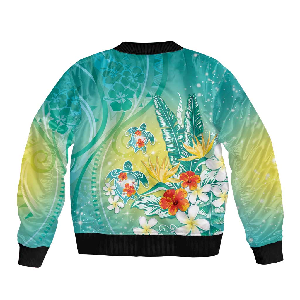 Hawaii Honu Sleeve Zip Bomber Jacket Tropical Flowers Turquoise Gradient