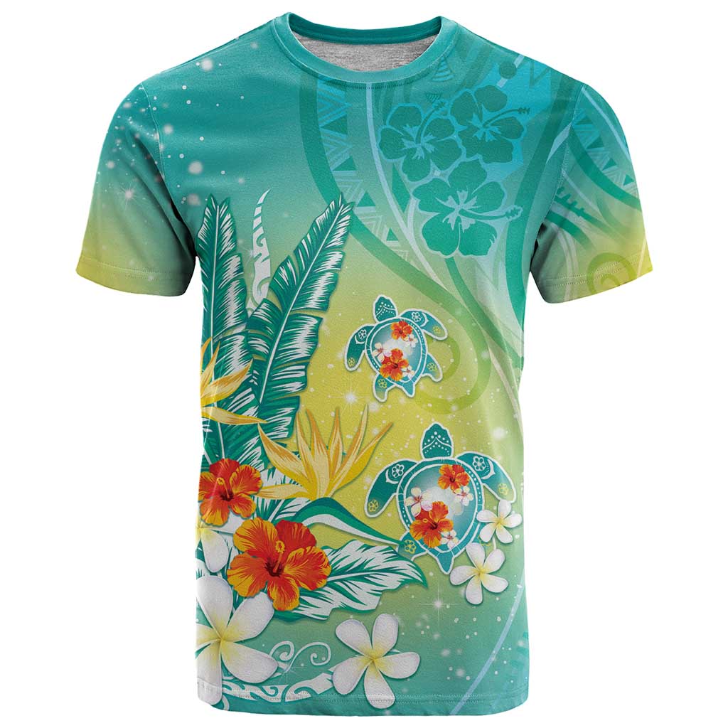 Hawaii Honu T Shirt Tropical Flowers Turquoise Gradient