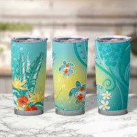 Hawaii Honu Tumbler Cup Tropical Flowers Turquoise Gradient