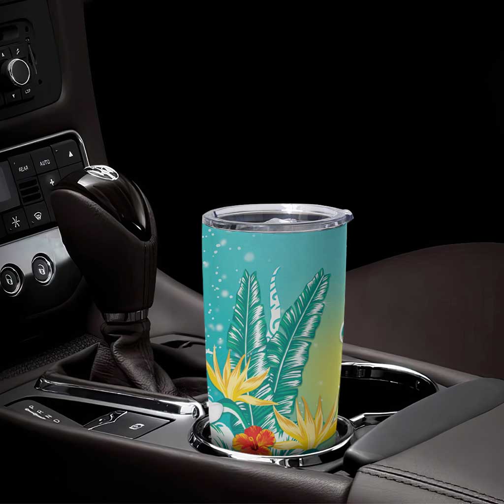Hawaii Honu Tumbler Cup Tropical Flowers Turquoise Gradient
