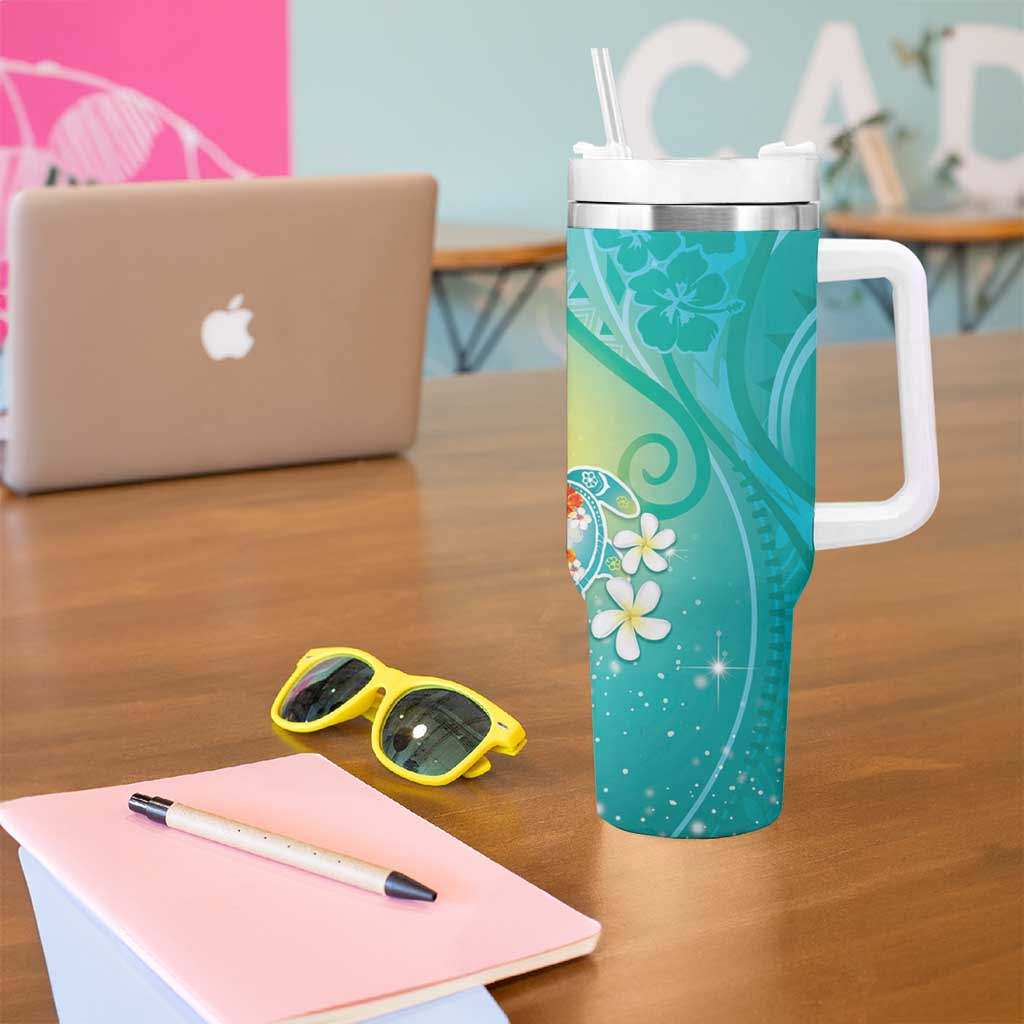 Hawaii Honu Tumbler With Handle Tropical Flowers Turquoise Gradient