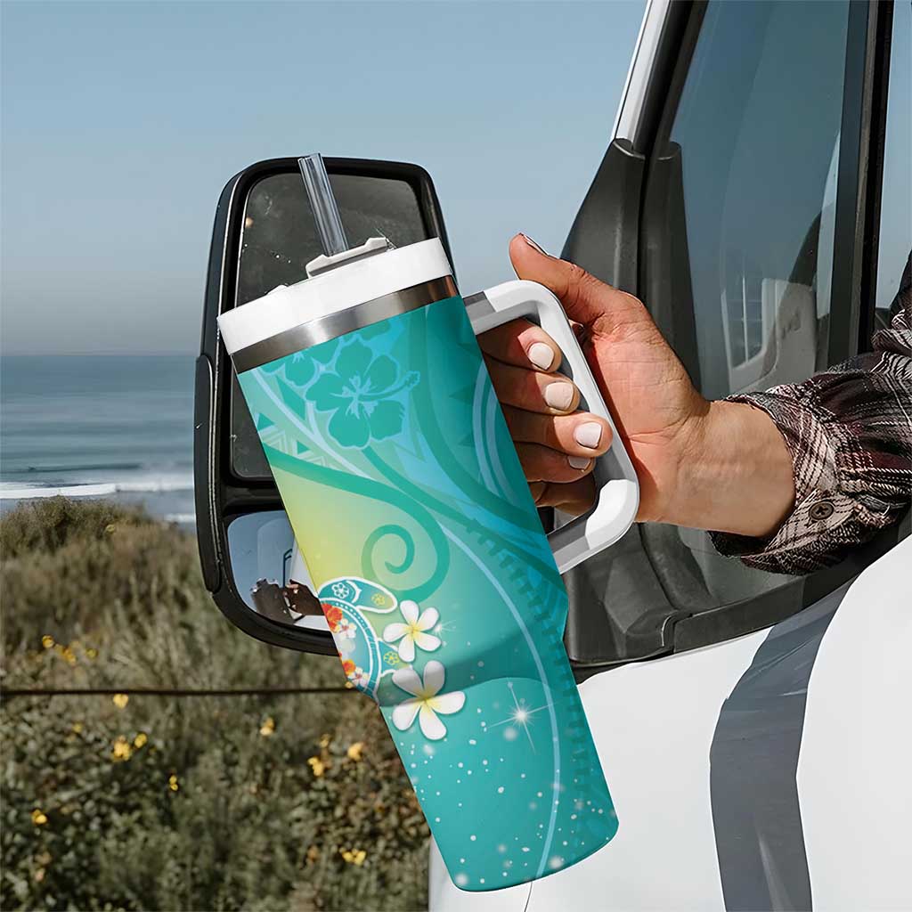 Hawaii Honu Tumbler With Handle Tropical Flowers Turquoise Gradient