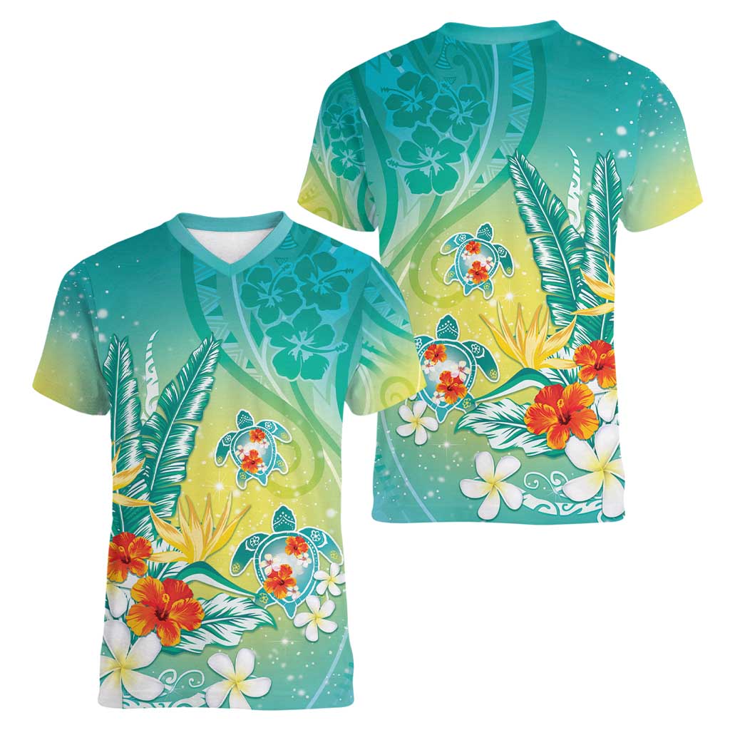Hawaii Honu Women V-Neck T-Shirt Tropical Flowers Turquoise Gradient