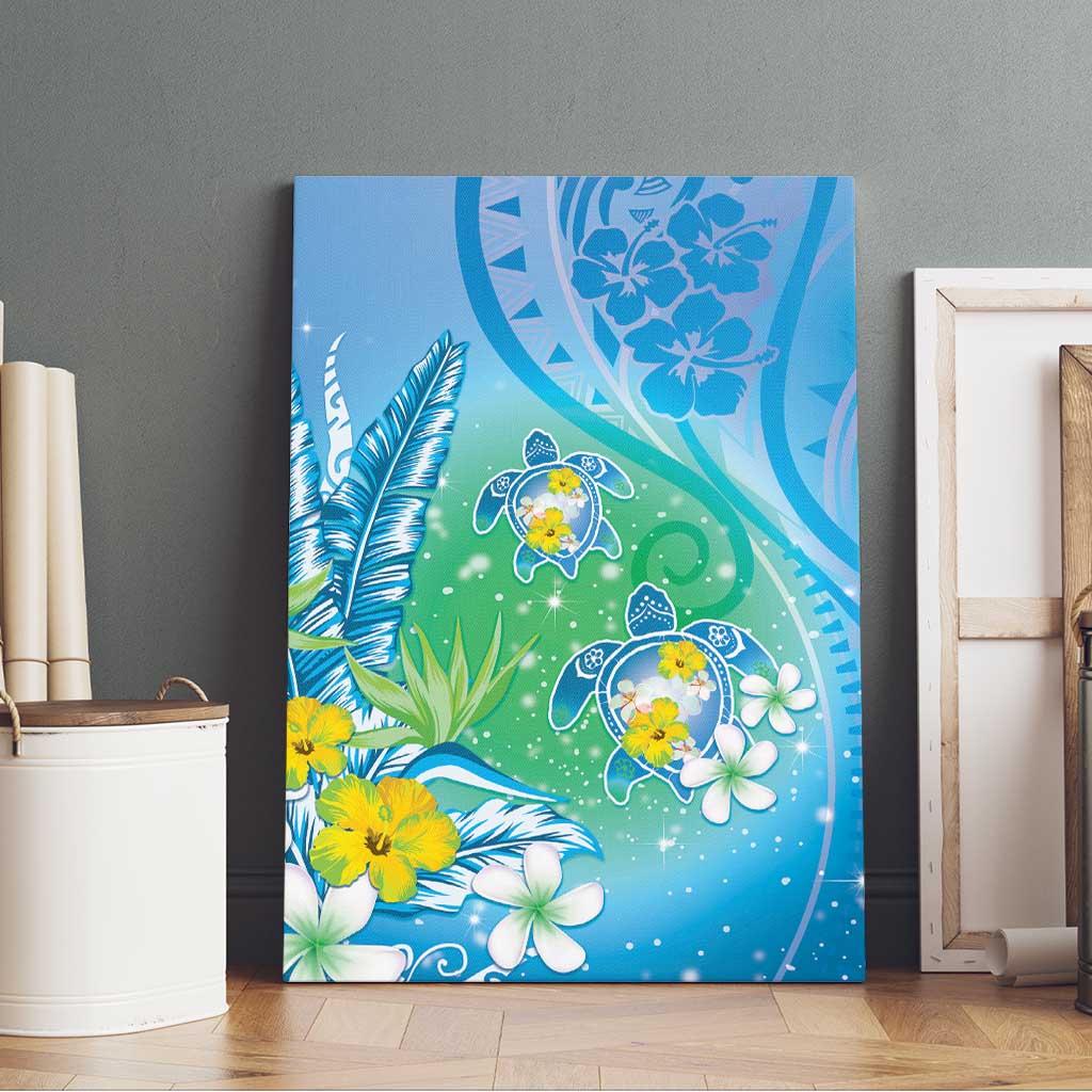 Hawaii Honu Canvas Wall Art Tropical Flowers Blue Gradient