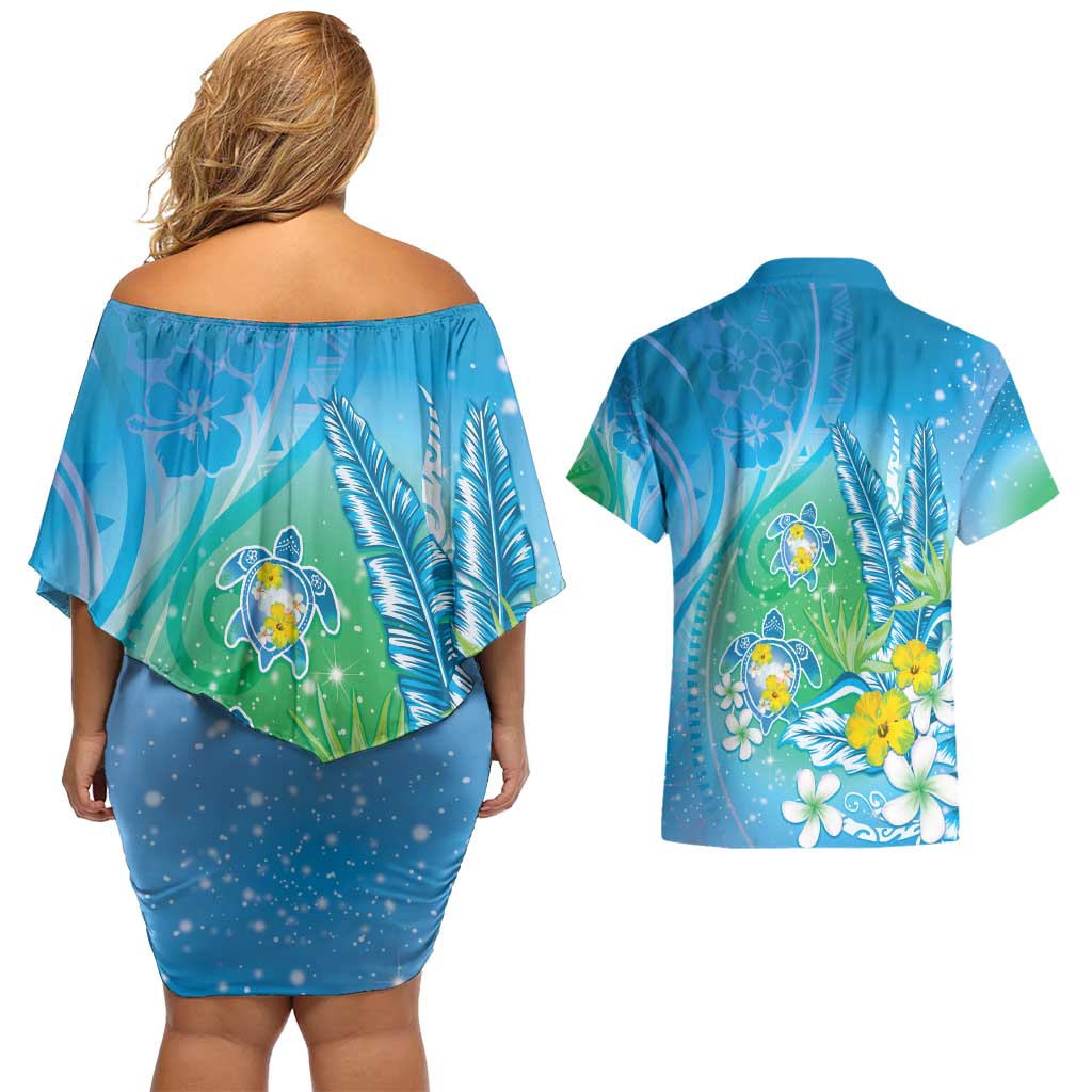 Hawaii Honu Couples Matching Off Shoulder Short Dress and Hawaiian Shirt Tropical Flowers Blue Gradient