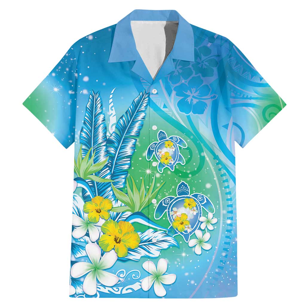 Hawaii Honu Family Matching Mermaid Dress and Hawaiian Shirt Tropical Flowers Blue Gradient