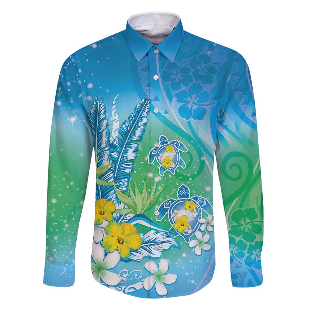 Hawaii Honu Family Matching Mermaid Dress and Hawaiian Shirt Tropical Flowers Blue Gradient