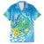 Hawaii Honu Family Matching Off The Shoulder Long Sleeve Dress and Hawaiian Shirt Tropical Flowers Blue Gradient