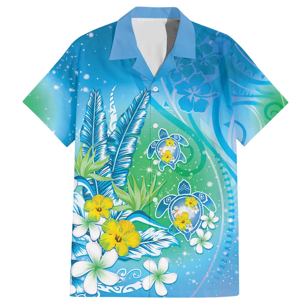 Hawaii Honu Family Matching Short Sleeve Bodycon Dress and Hawaiian Shirt Tropical Flowers Blue Gradient