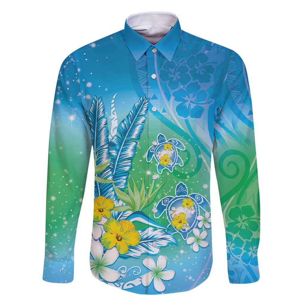 Hawaii Honu Family Matching Short Sleeve Bodycon Dress and Hawaiian Shirt Tropical Flowers Blue Gradient