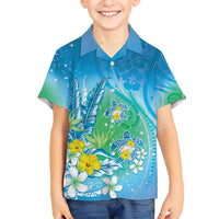 Hawaii Honu Kid Hawaiian Shirt Tropical Flowers Blue Gradient