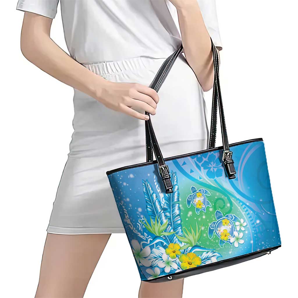 Hawaii Honu Leather Tote Bag Tropical Flowers Blue Gradient