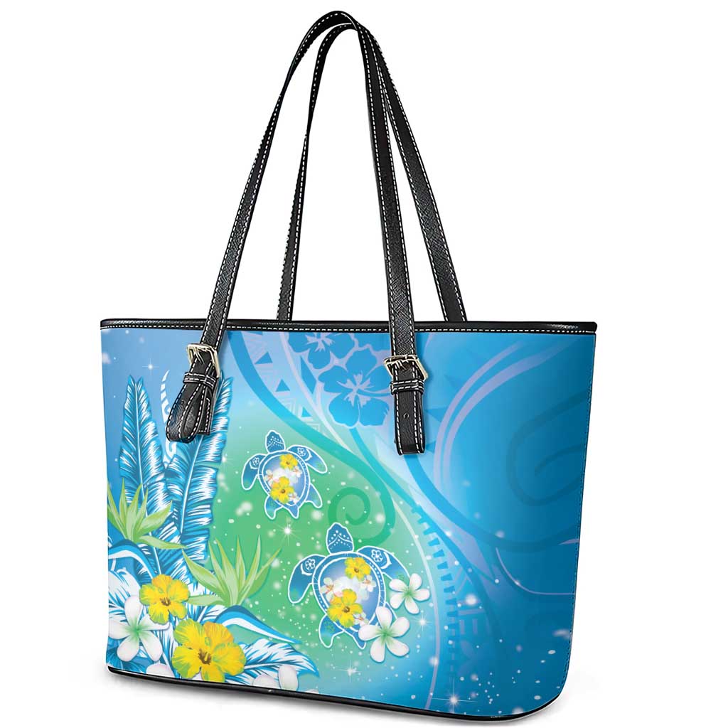 Hawaii Honu Leather Tote Bag Tropical Flowers Blue Gradient