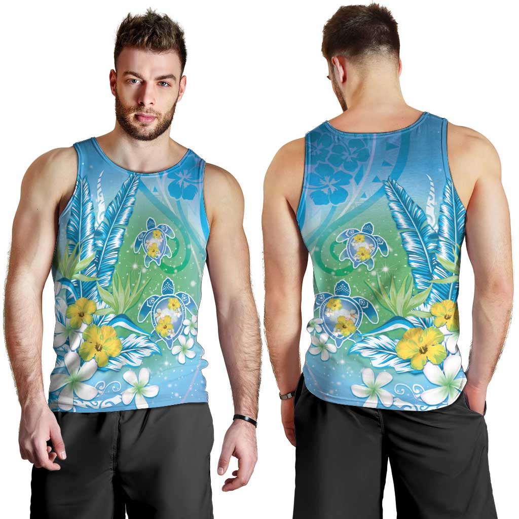 Hawaii Honu Men Tank Top Tropical Flowers Blue Gradient