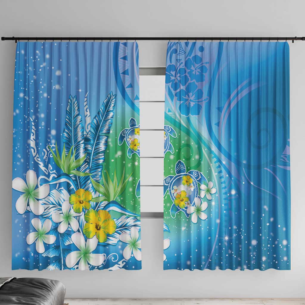 Hawaii Honu Window Curtain Tropical Flowers Blue Gradient