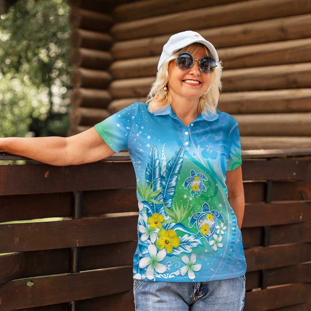 Hawaii Honu Women Polo Shirt Tropical Flowers Blue Gradient