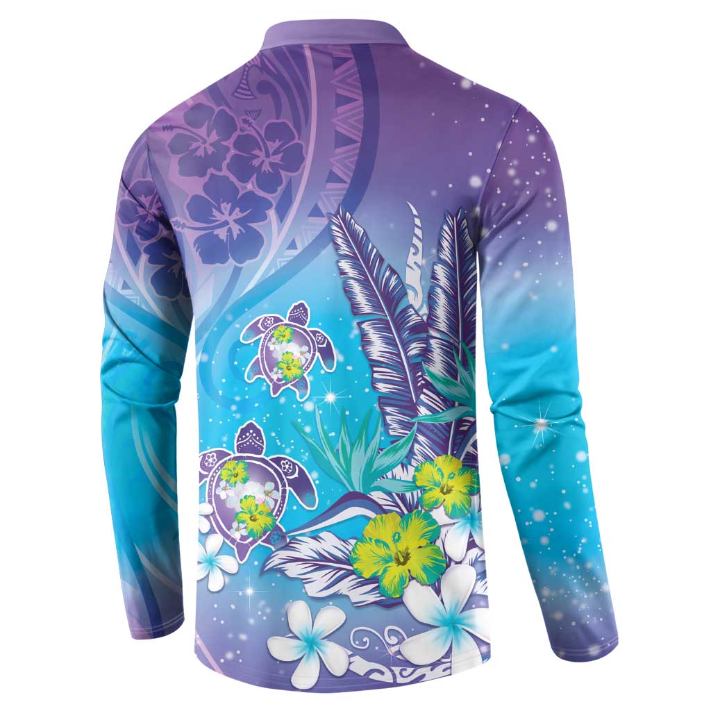 Hawaii Honu Button Sweatshirt Tropical Flowers Purple Gradient