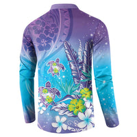 Hawaii Honu Button Sweatshirt Tropical Flowers Purple Gradient