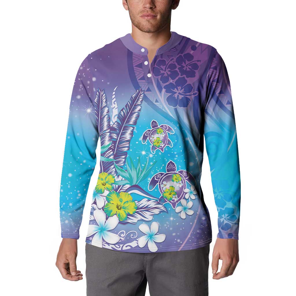 Hawaii Honu Button Sweatshirt Tropical Flowers Purple Gradient