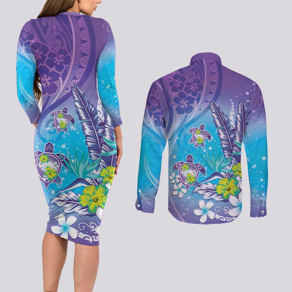 Hawaii Honu Couples Matching Long Sleeve Bodycon Dress and Long Sleeve Button Shirt Tropical Flowers Purple Gradient LT05 - Polynesian Pride