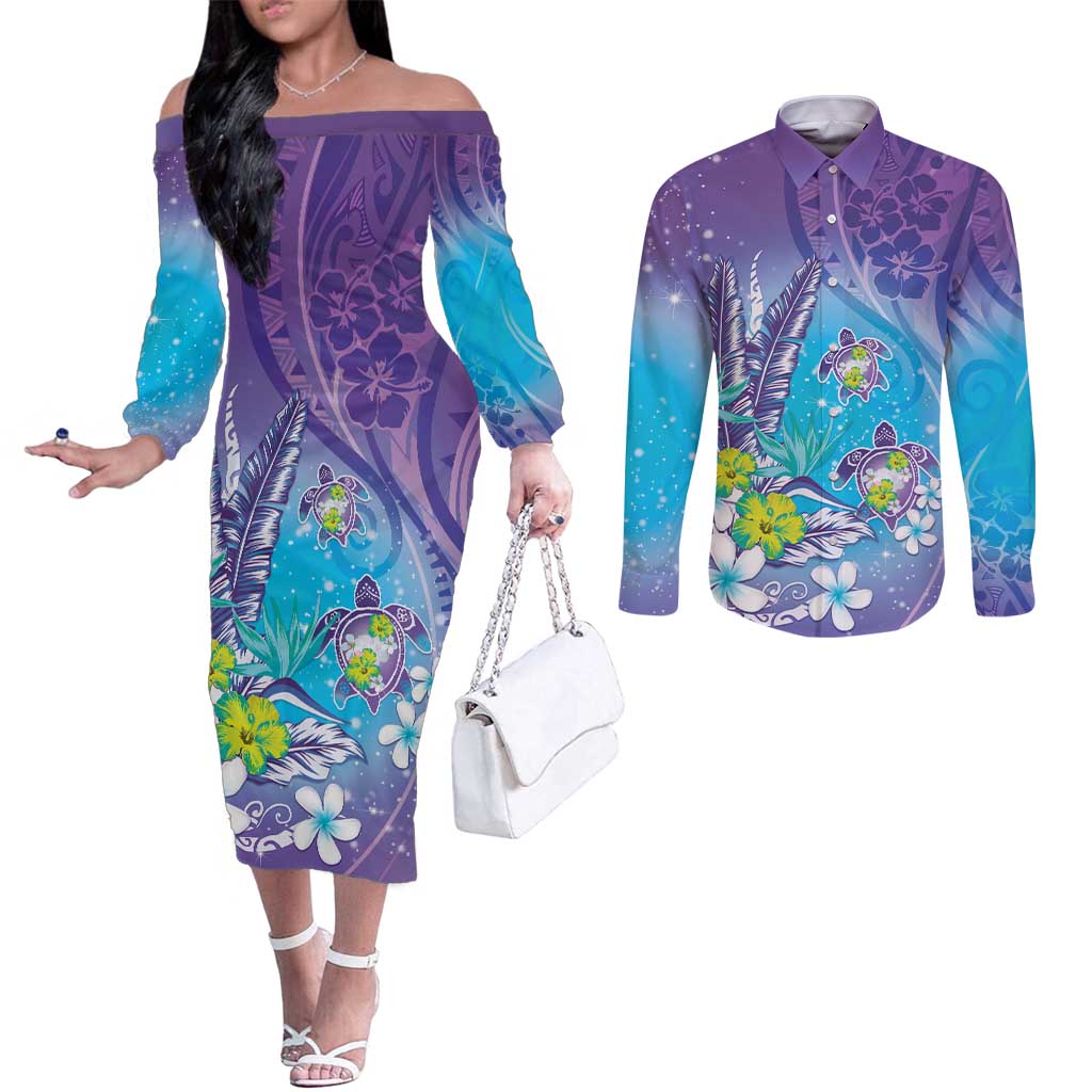 Hawaii Honu Couples Matching Off The Shoulder Long Sleeve Dress and Long Sleeve Button Shirt Tropical Flowers Purple Gradient LT05 Purple - Polynesian Pride