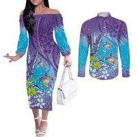 Hawaii Honu Couples Matching Off The Shoulder Long Sleeve Dress and Long Sleeve Button Shirt Tropical Flowers Purple Gradient LT05 Purple - Polynesian Pride