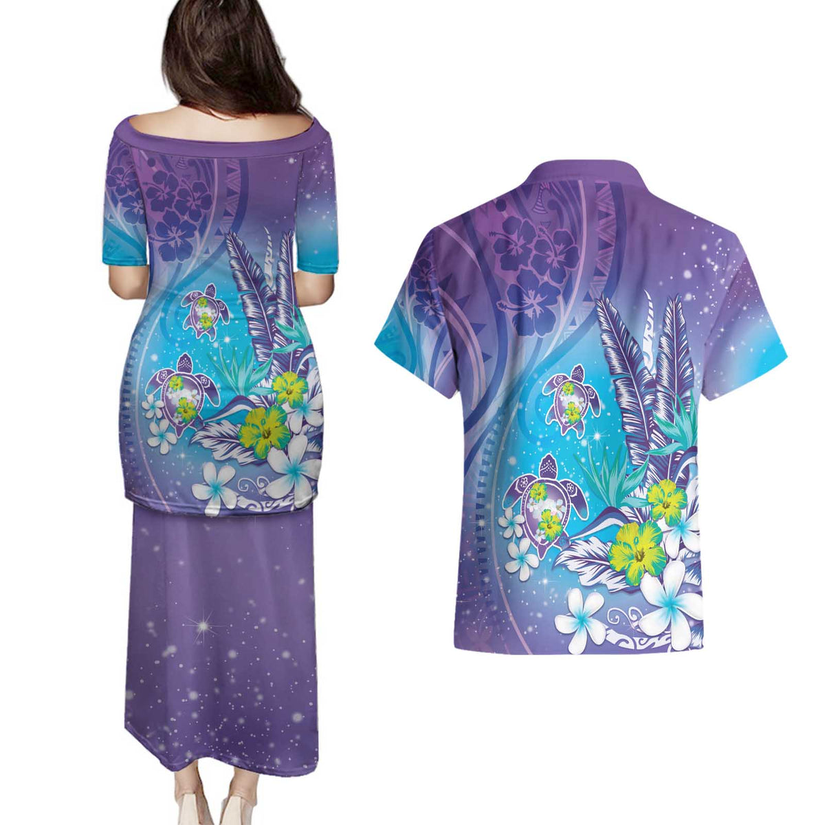 Hawaii Honu Couples Matching Puletasi and Hawaiian Shirt Tropical Flowers Purple Gradient