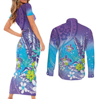 Hawaii Honu Couples Matching Short Sleeve Bodycon Dress and Long Sleeve Button Shirt Tropical Flowers Purple Gradient LT05 - Polynesian Pride