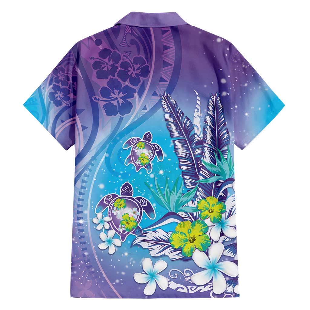 Hawaii Honu Family Matching Off Shoulder Short Dress and Hawaiian Shirt Tropical Flowers Purple Gradient