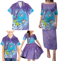 Hawaii Honu Family Matching Puletasi and Hawaiian Shirt Tropical Flowers Purple Gradient LT05 - Polynesian Pride