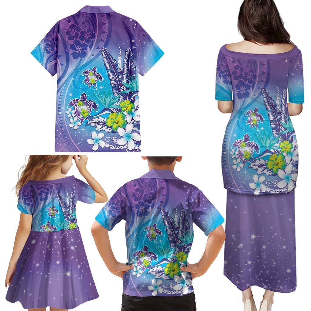 Hawaii Honu Family Matching Puletasi and Hawaiian Shirt Tropical Flowers Purple Gradient LT05 - Polynesian Pride