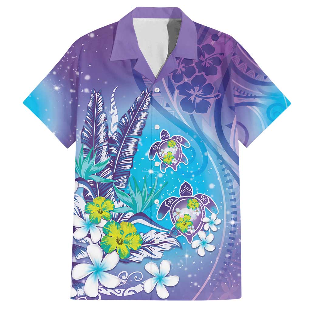 Hawaii Honu Family Matching Puletasi and Hawaiian Shirt Tropical Flowers Purple Gradient LT05 Dad's Shirt - Short Sleeve Purple - Polynesian Pride