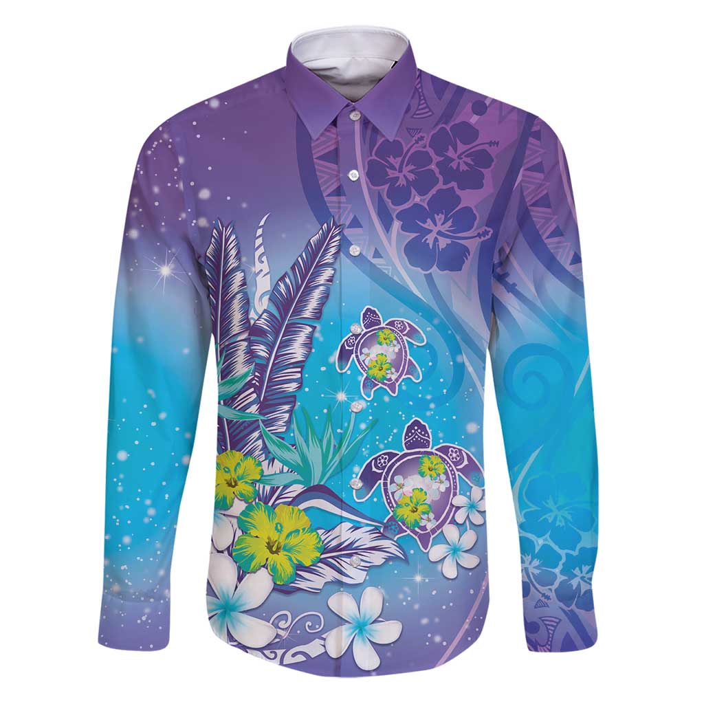 Hawaii Honu Family Matching Puletasi and Hawaiian Shirt Tropical Flowers Purple Gradient LT05 Dad's Shirt - Long Sleeve Purple - Polynesian Pride