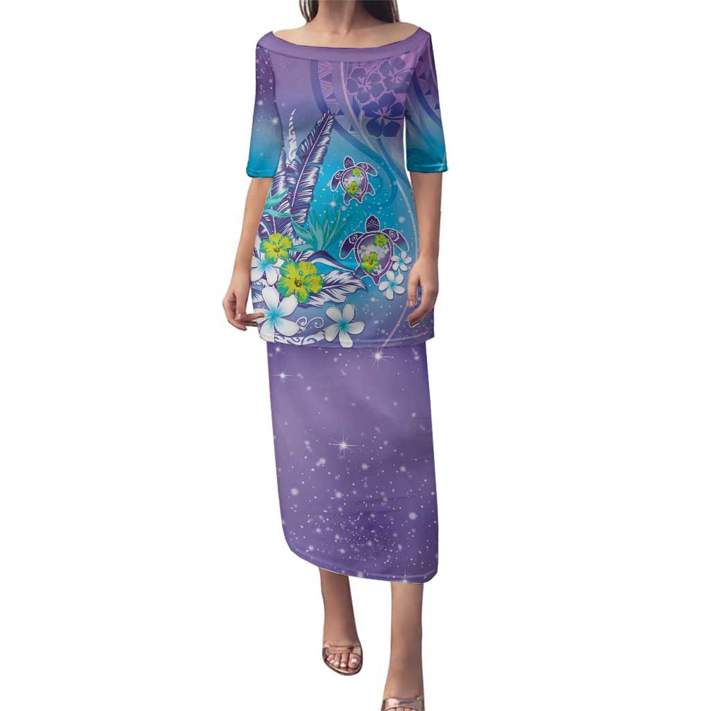 Hawaii Honu Family Matching Puletasi and Hawaiian Shirt Tropical Flowers Purple Gradient LT05 Mom's Dress Purple - Polynesian Pride