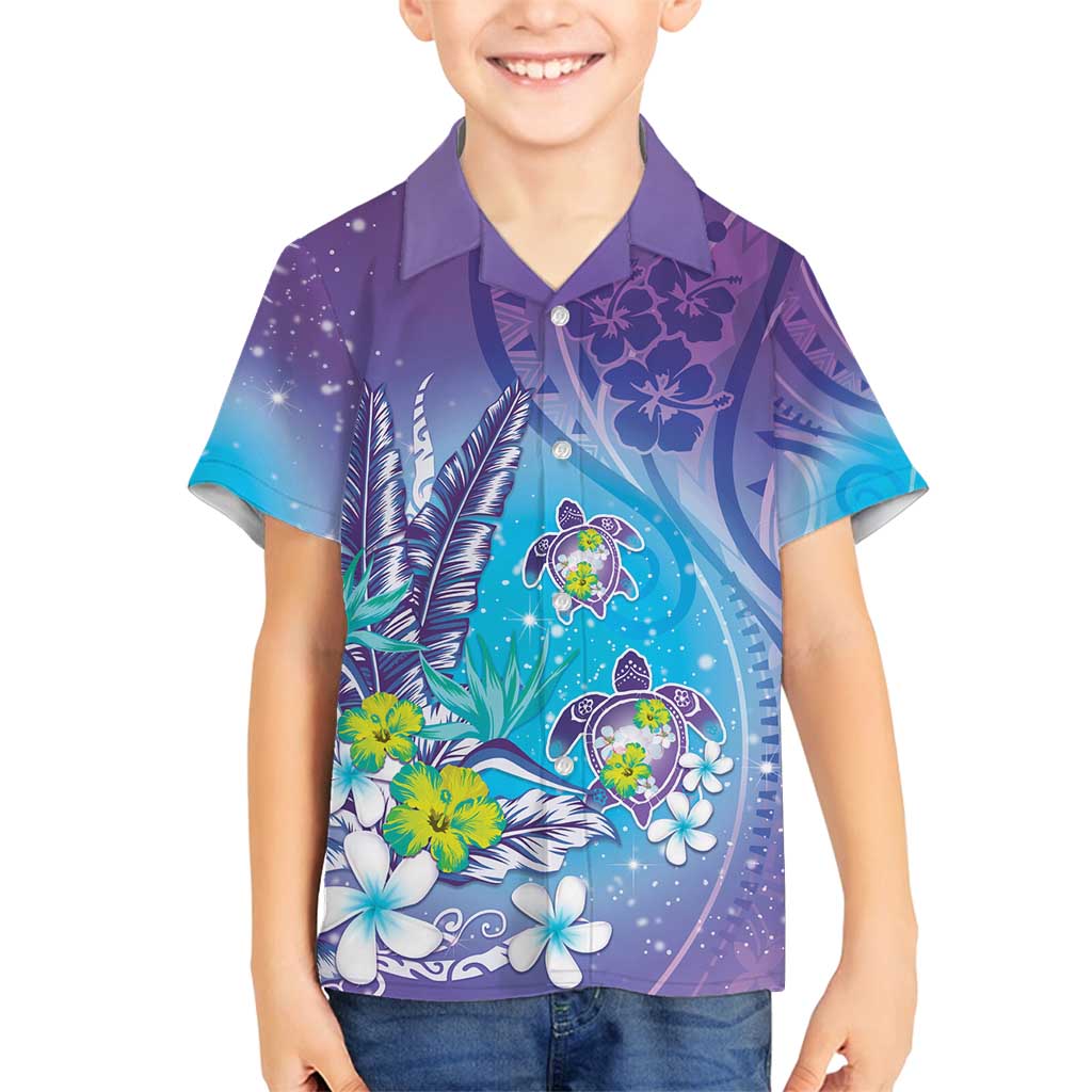 Hawaii Honu Family Matching Puletasi and Hawaiian Shirt Tropical Flowers Purple Gradient LT05 Son's Shirt Purple - Polynesian Pride