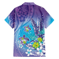 Hawaii Honu Family Matching Short Sleeve Bodycon Dress and Hawaiian Shirt Tropical Flowers Purple Gradient