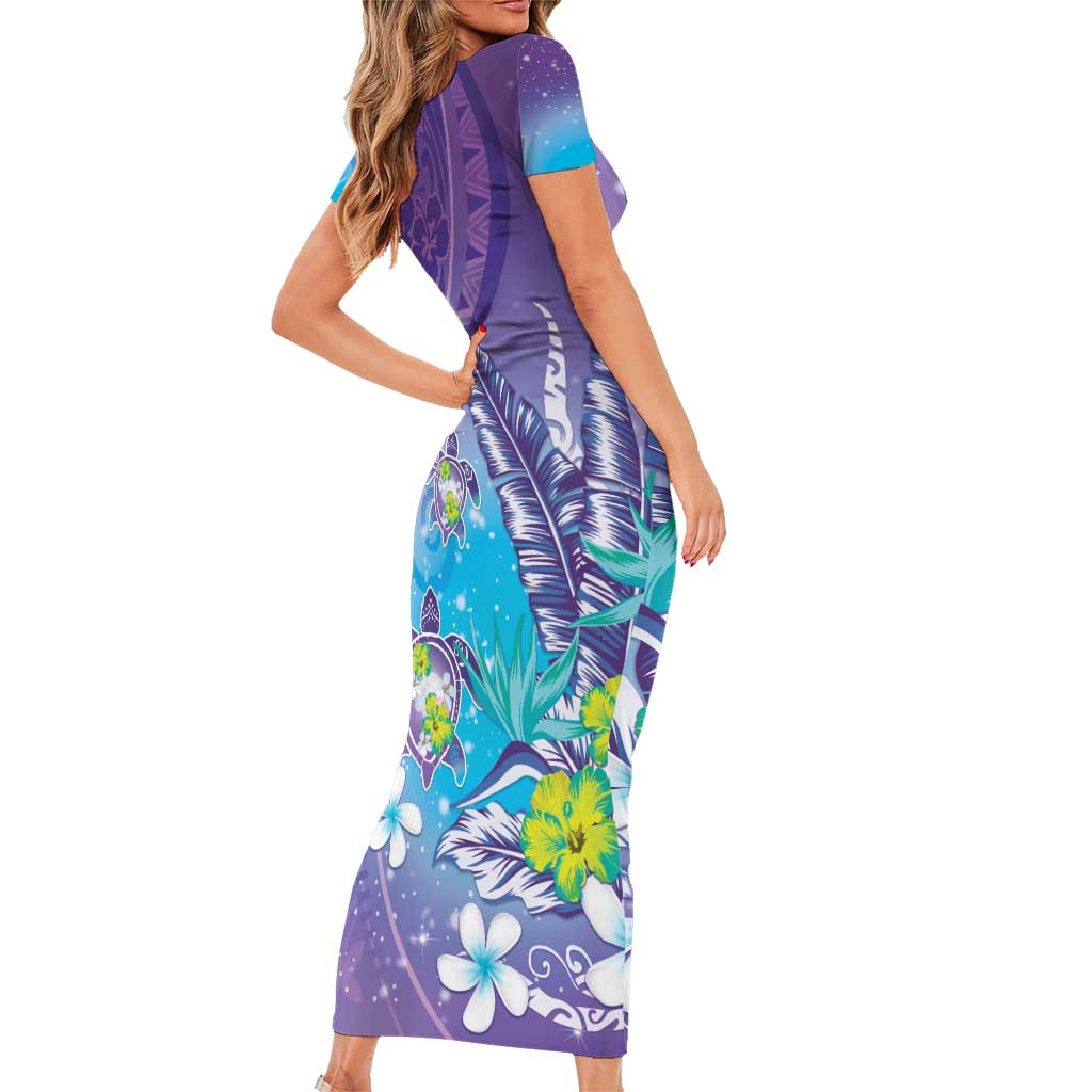 Hawaii Honu Family Matching Short Sleeve Bodycon Dress and Hawaiian Shirt Tropical Flowers Purple Gradient