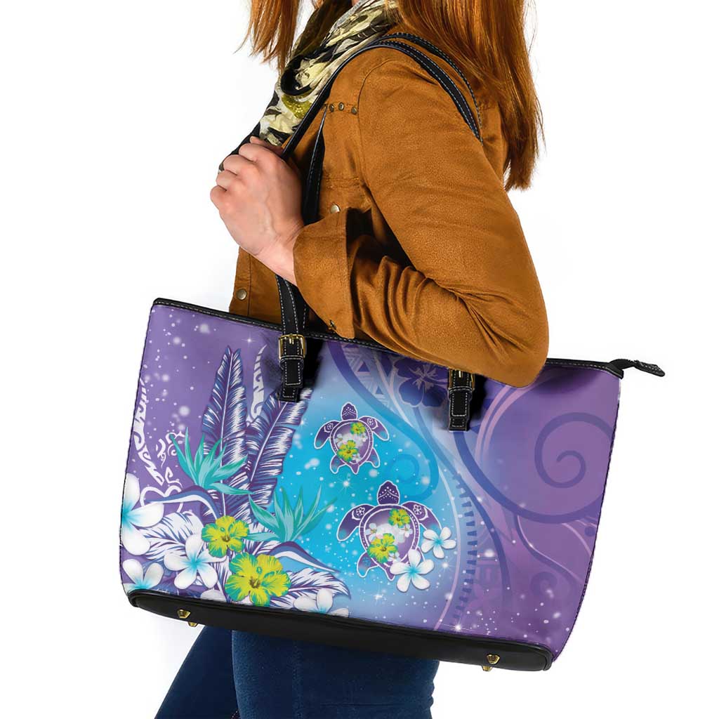 Hawaii Honu Leather Tote Bag Tropical Flowers Purple Gradient