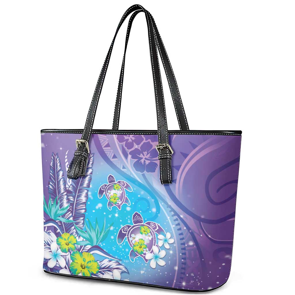 Hawaii Honu Leather Tote Bag Tropical Flowers Purple Gradient