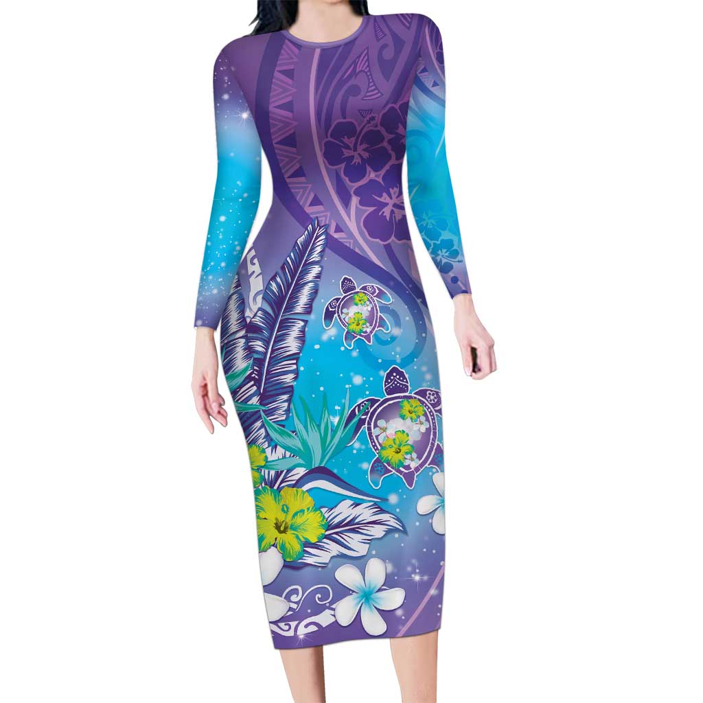 Hawaii Honu Long Sleeve Bodycon Dress Tropical Flowers Purple Gradient