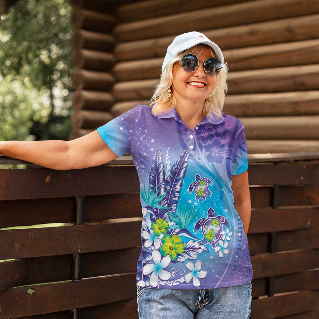Hawaii Honu Women Polo Shirt Tropical Flowers Purple Gradient