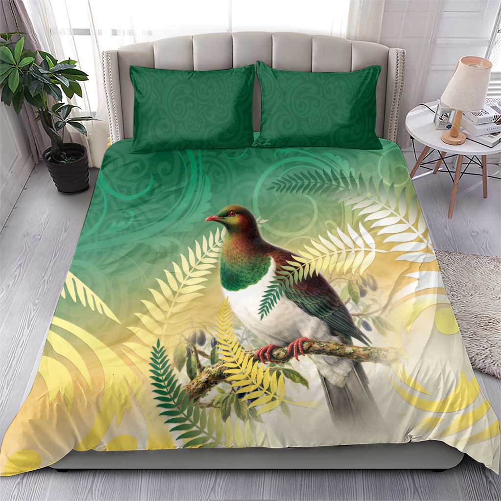 New Zealand Pigeon Kereru Bedding Set Maori Fern Art Green Gradient - Polynesian Pride