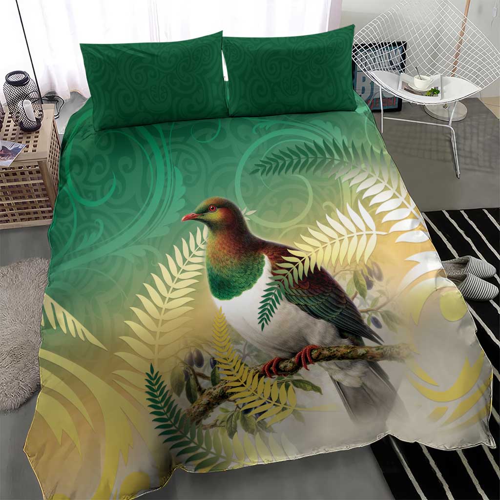 New Zealand Pigeon Kereru Bedding Set Maori Fern Art Green Gradient - Polynesian Pride