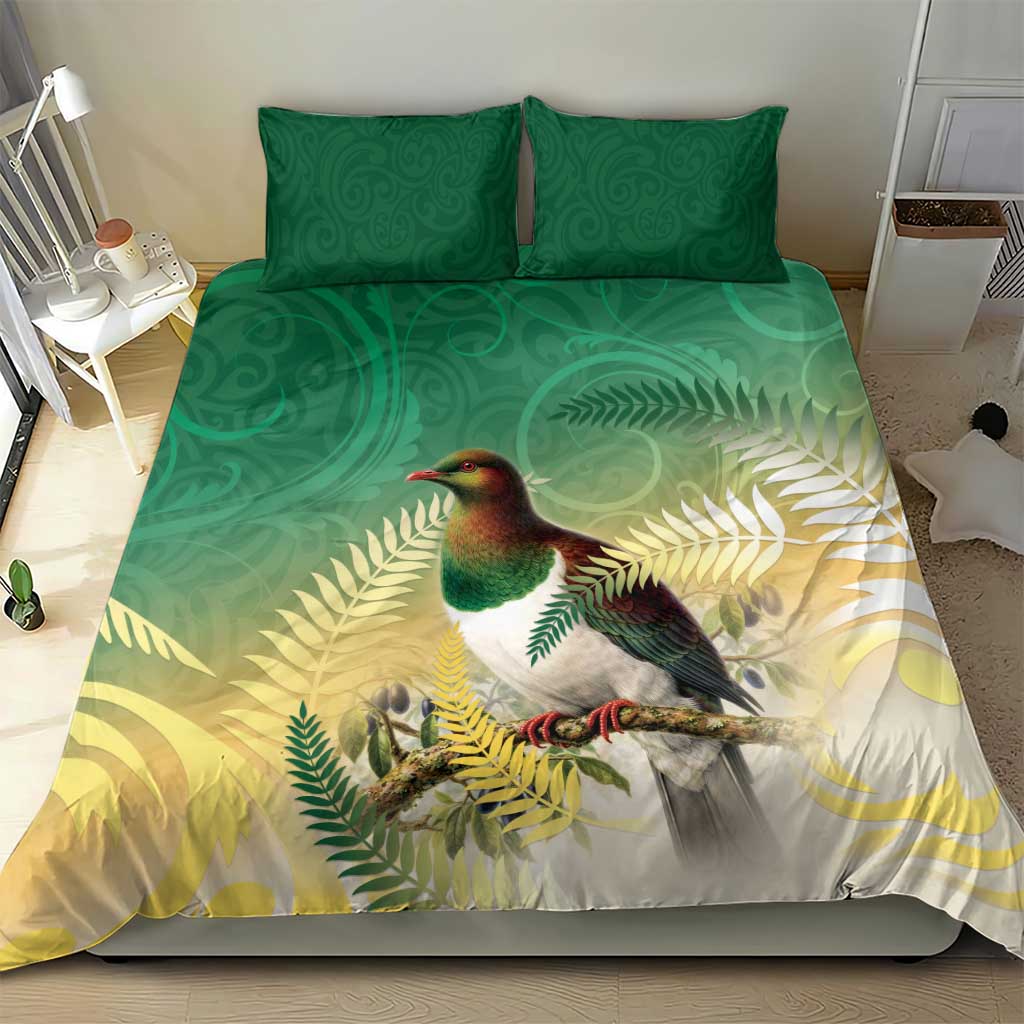 New Zealand Pigeon Kereru Bedding Set Maori Fern Art Green Gradient - Polynesian Pride