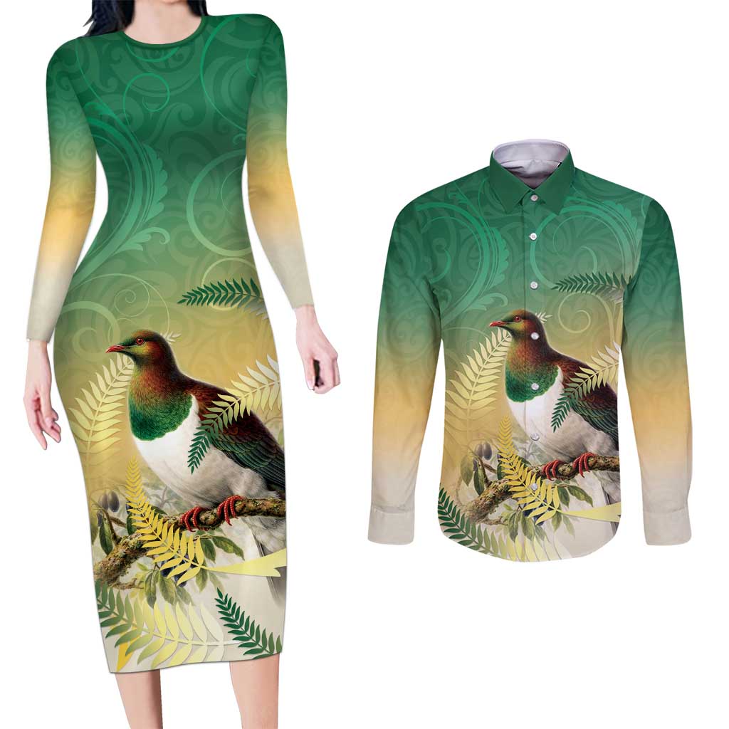 New Zealand Pigeon Kereru Couples Matching Long Sleeve Bodycon Dress and Long Sleeve Button Shirt Maori Fern Art Green Gradient - Polynesian Pride