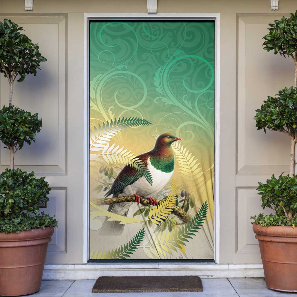 New Zealand Pigeon Kereru Door Cover Maori Fern Art Green Gradient - Polynesian Pride