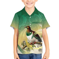 New Zealand Pigeon Kereru Family Matching Long Sleeve Bodycon Dress and Hawaiian Shirt Maori Fern Art Green Gradient LT05 Son's Shirt Green - Polynesian Pride