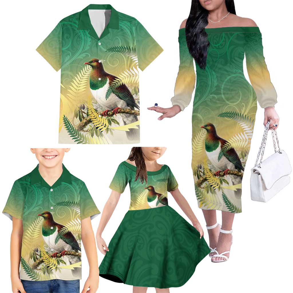 New Zealand Pigeon Kereru Family Matching Off The Shoulder Long Sleeve Dress and Hawaiian Shirt Maori Fern Art Green Gradient - Polynesian Pride