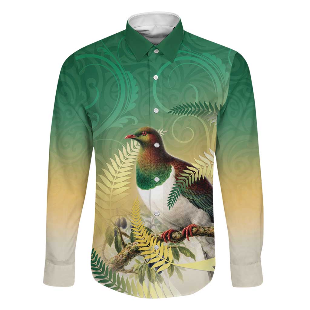 New Zealand Pigeon Kereru Family Matching Off The Shoulder Long Sleeve Dress and Hawaiian Shirt Maori Fern Art Green Gradient LT05 Dad's Shirt - Long Sleeve Green - Polynesian Pride